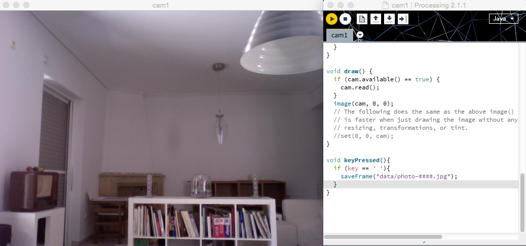 Screen of keyPressed and saveFrame in Processing along with image from camera. Courtesy of pibook.gr Created on September, 2015. License: Attribution-NonCommercial-ShareAlike 2.0